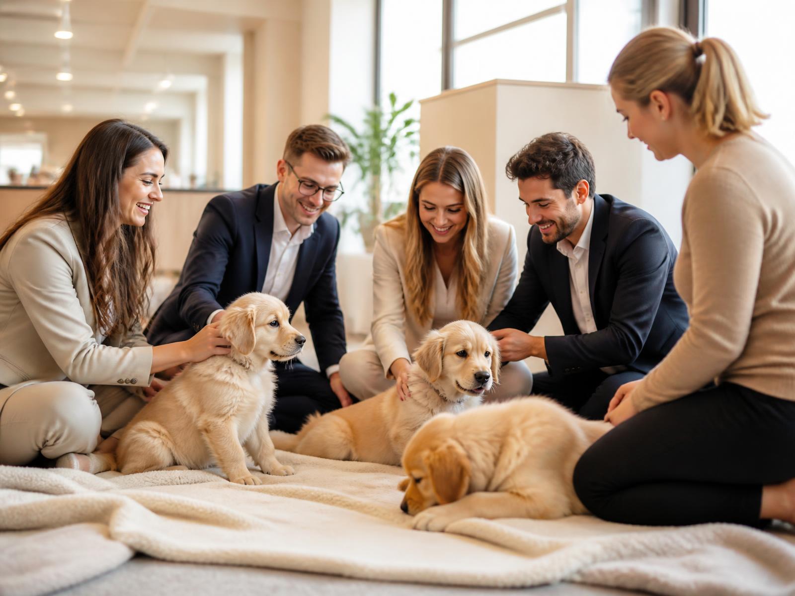 A workplace team sitting together on soft blankets with puppies and a handler supervising